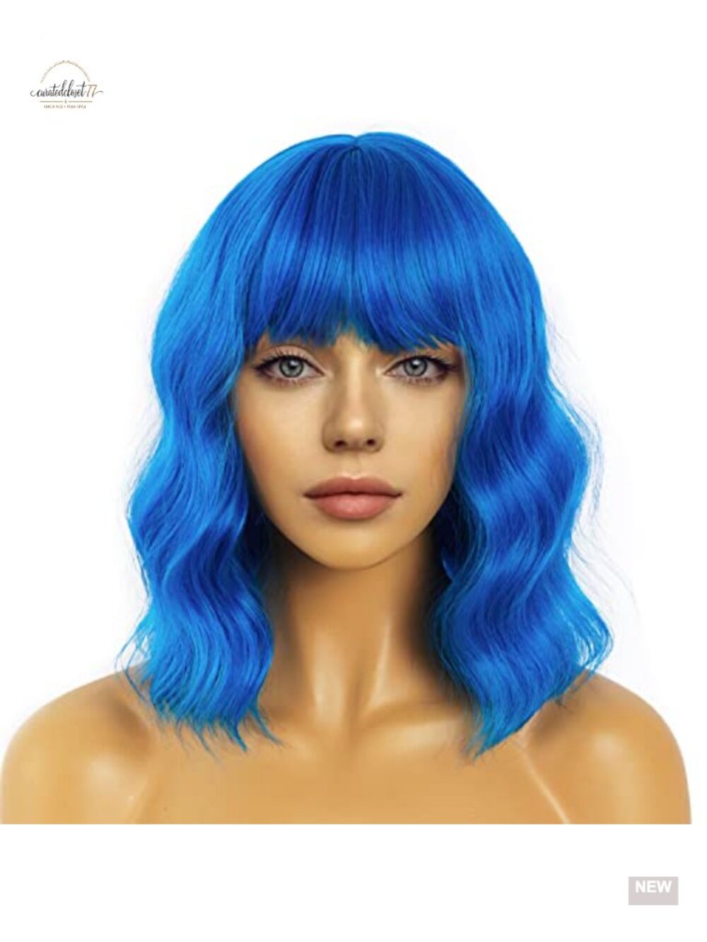 Short Bob Wavy Wig with Bangs Loose Curly Shoulder Length Synthetic Heat